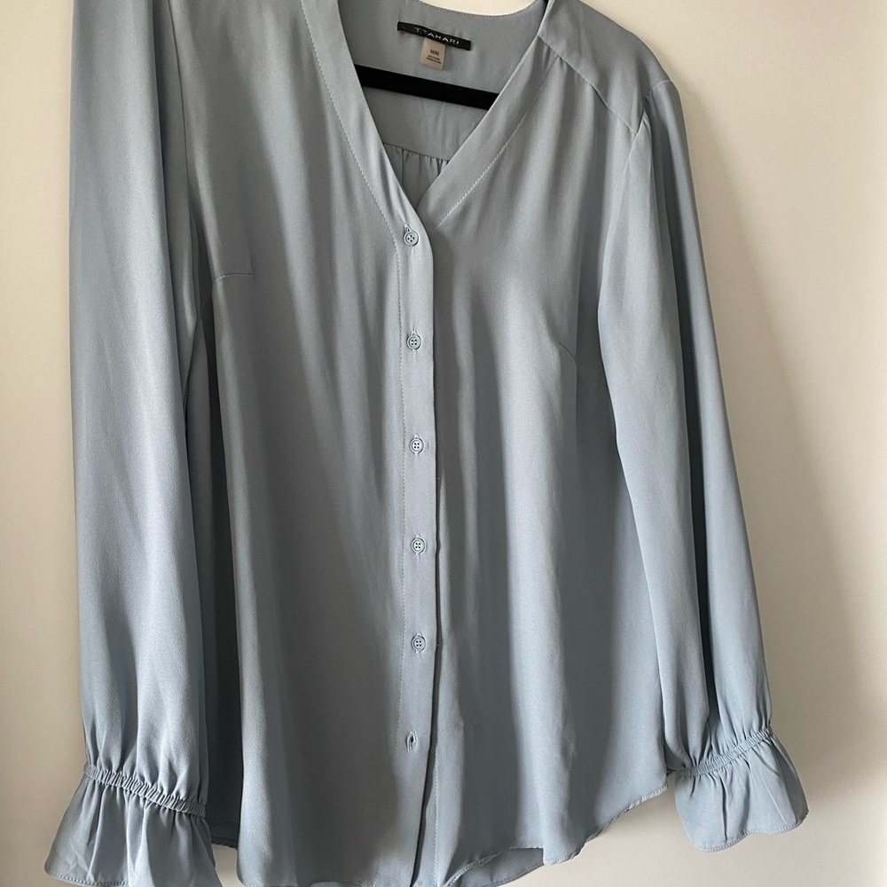 T Tahari Light Blue V-Neck Blouse